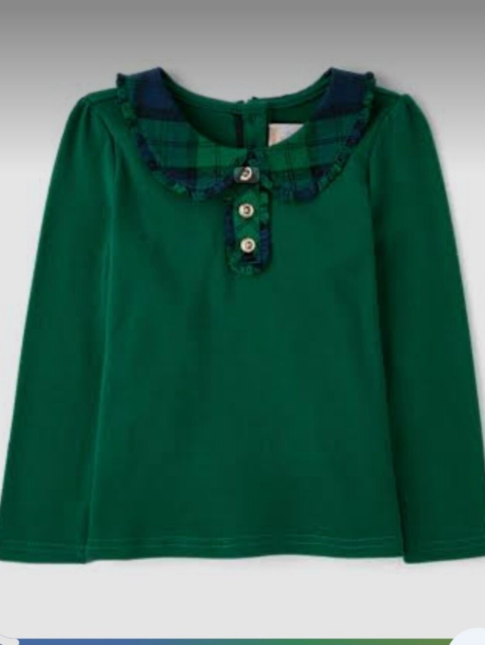NWT Gymboree Girls' Green Long-Sleeve Top with Plaid Collar, Size 3T